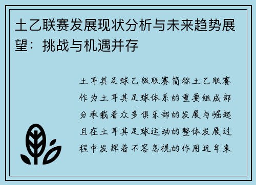 土乙联赛发展现状分析与未来趋势展望：挑战与机遇并存