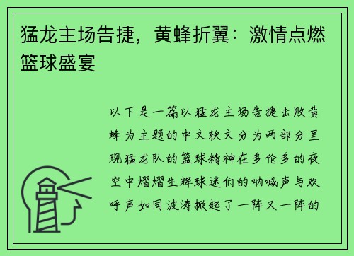 猛龙主场告捷，黄蜂折翼：激情点燃篮球盛宴